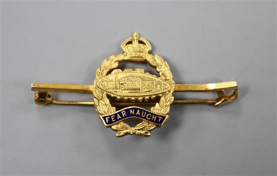 A George V 9ct and enamel Royal Tank Regiment Fear Naught sweethearts brooch, 45mm.